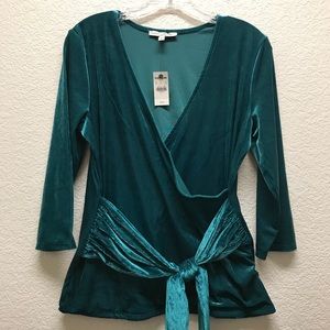 EXPRESS Faux Wrap Ribbed Tie Front Velvet-like Emerald Blouse